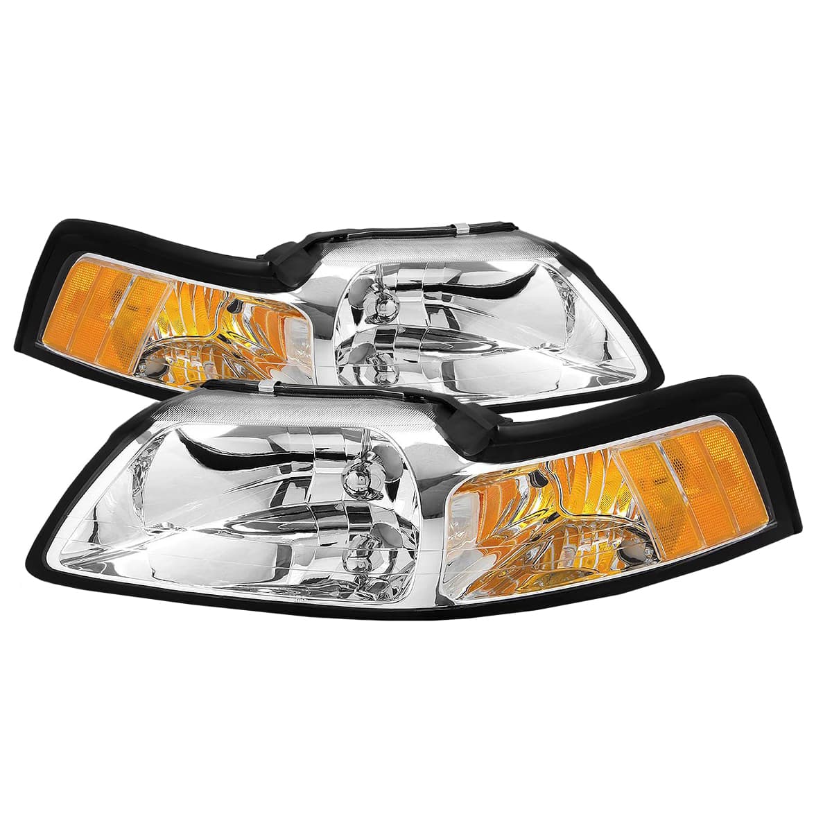 1999-2004 Ford Mustang PERDE 99-04 Ford Mustang Performance Headlights (Set; Chrome; Amber Side Markers; Clear Lens, Bulbs Included)