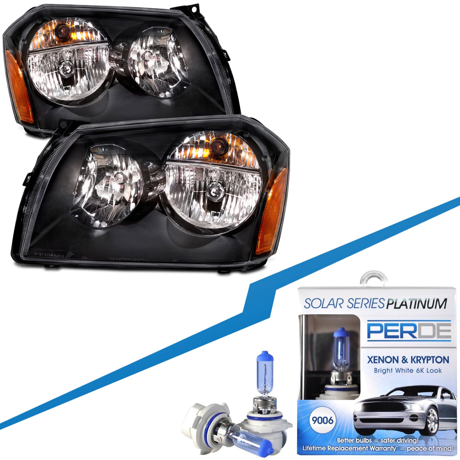 2005-2007 Dodge Magnum Headlights Set Black With Halogen Xenon Bulbs Pair Left Driver Right Passenger Fits 2005-2007 Dodge Magnum