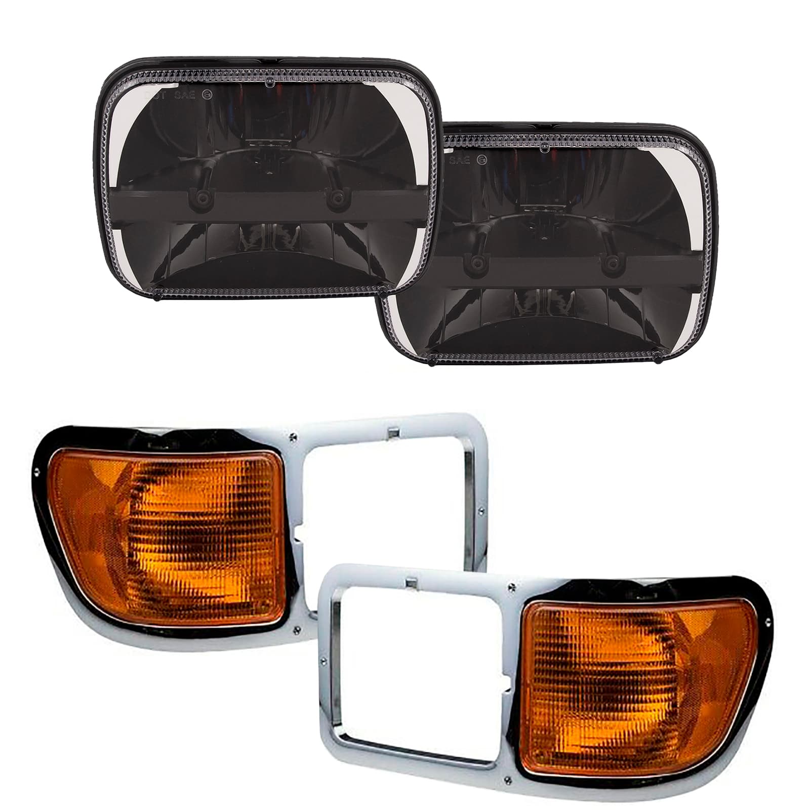 2000-2015 Ford F-650 Corner Lights Set w/Park Light w/Chrome Bezel And Rectangular LED Headlights Set Projector 7x6 5x7 inch Sealed Beam Replacement Hi/Lo Beam DRL Fits 00-15 Ford F-650 And F-750
