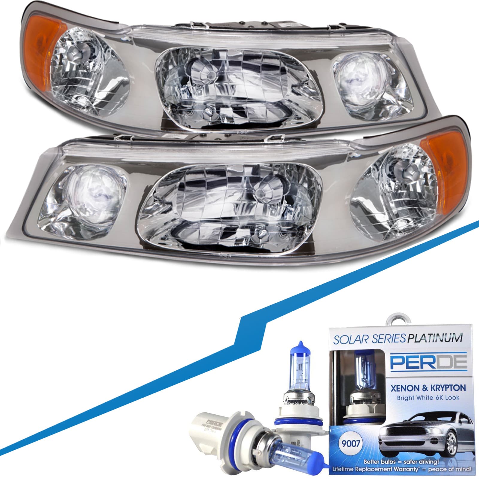 Headlights Fits Lincoln Town Car 1998-2002 Includes Left Driver and Right Passenger Side Chrome Housing Halogen Headlamps
