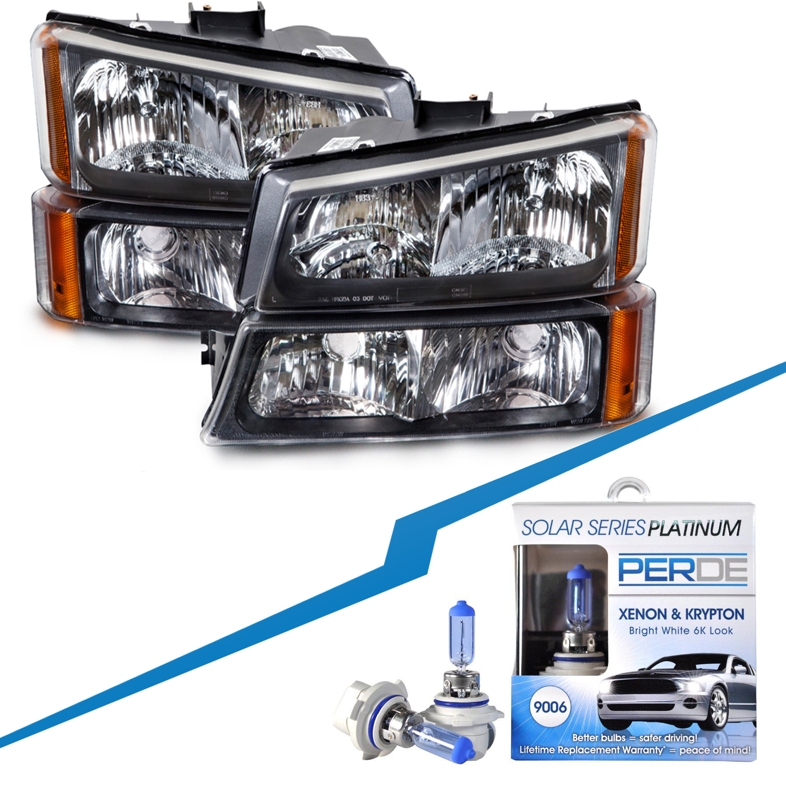 Headlights Depot Chevrolet Silverado/Avalanche Headlights W/ Platinum Bulbs (Set; Black Bezel)